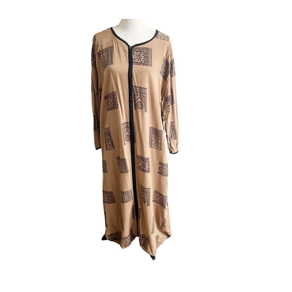 Pingfu Asian Kaftan Longline Brown Black Trim Artsy Ethnic Sz 3X V Neck Viscose
